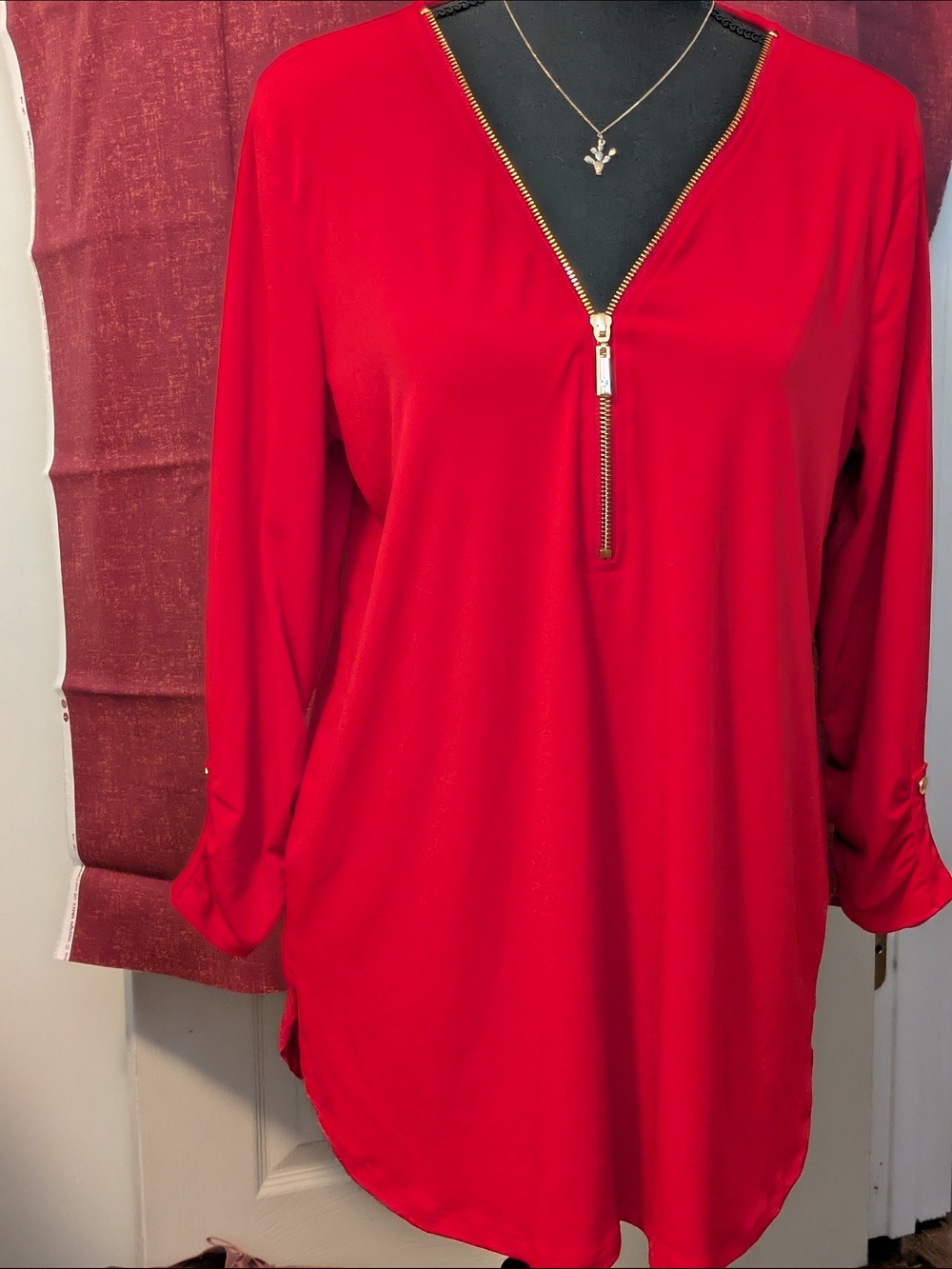JM Collection Red Long-Sleeve Zip-Front Tunic